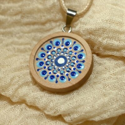 Mandala-Kettenanhänger, Blau auf Naturholz, Ø 3cm, Holz