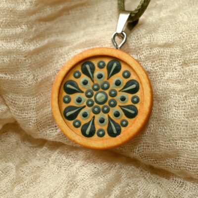 Mandala-Kettenanhänger, Petrol auf Orange, Ø 3cm, Holz
