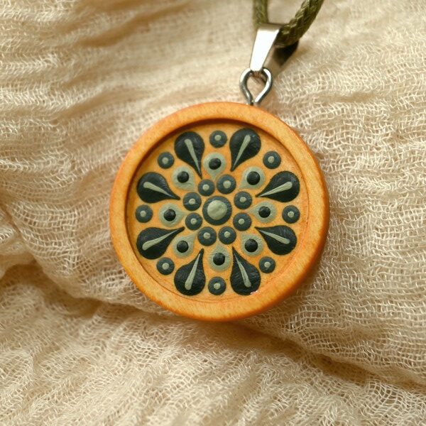 Mandala-Kettenanhänger, Petrol auf Orange, Ø 3cm, Holz